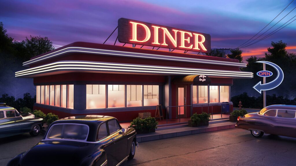 Retro American diner with neon lights and vintage cars at dusk